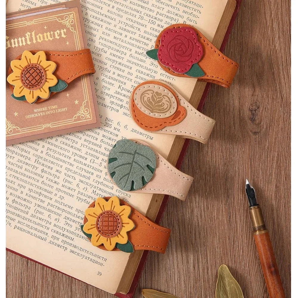 Vintage Magnetic Leather Bookmarks, Set of 2 Sunflower, Pine Leaf, Rose, Latte